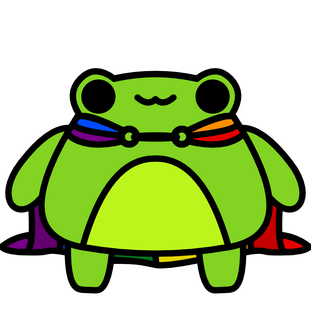 A round cartoon frog wearing a pride flag as a cape